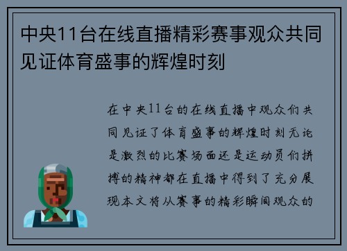 中央11台在线直播精彩赛事观众共同见证体育盛事的辉煌时刻